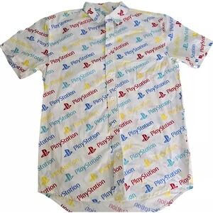 Playstation Logo Mens Button Up Shirt Size Medium‎ Short Sleeve Gamer Y2K Casual